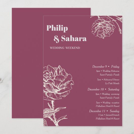 パープル ヴィンテージ フラワー ウェディング スケジュール 招待状 (正面/裏面)