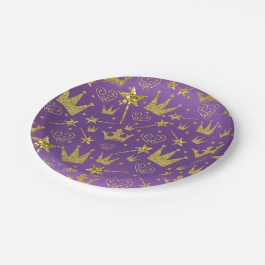 パープル&王室の金ゴールドグリッターガールズプリンセスパーティー ペーパープレート (アングル)