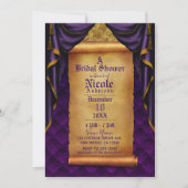 パープル&王室の金ゴールドドレープのスクロールブライダルシャワー 招待状 (正面)