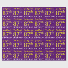 パープル、疑似ゴールド調 「87th 誕生日」 ラッピングペーパー