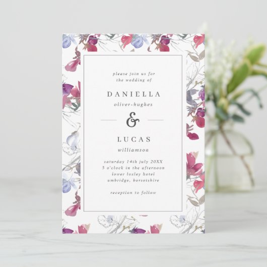 パープル&薄紫ウォーターカラースイートピーフローラ結婚ズ 招待状 (スタンド正面)