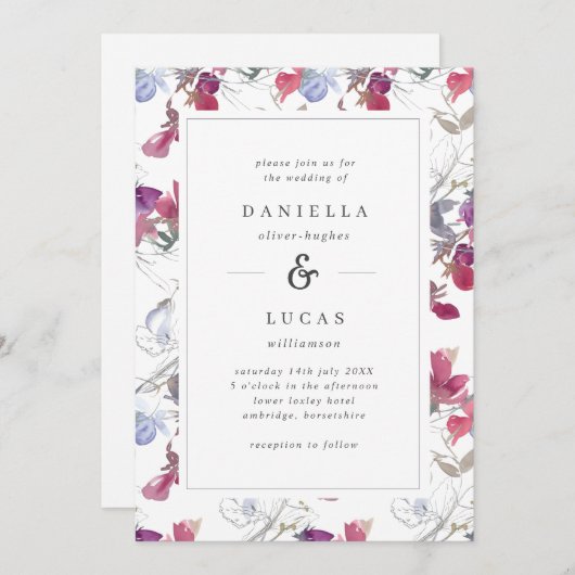 パープル&薄紫ウォーターカラースイートピーフローラ結婚ズ 招待状 (正面/裏面)