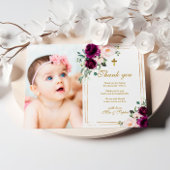 パープル&赤面バラフォトバプテスマサンキューカード 招待状