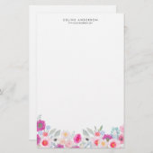 パープル&赤面パステルフローラガーランドパーソナライゼーション 便箋 (正面/裏面)