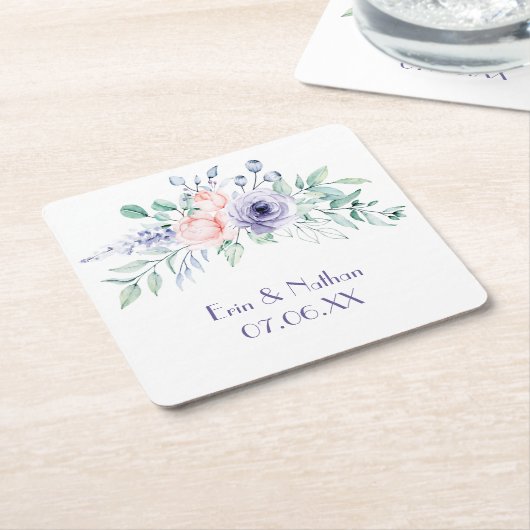 パープル&赤面ピンクウォーターカラーフローラ結婚ズ スクエアペーパーコースター (アングル)