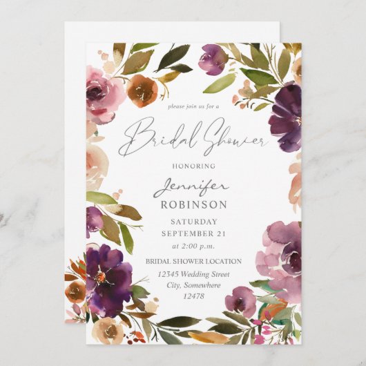 パープル&赤面ピンクフローラブライダルシャワーV2大 招待状 (正面/裏面)