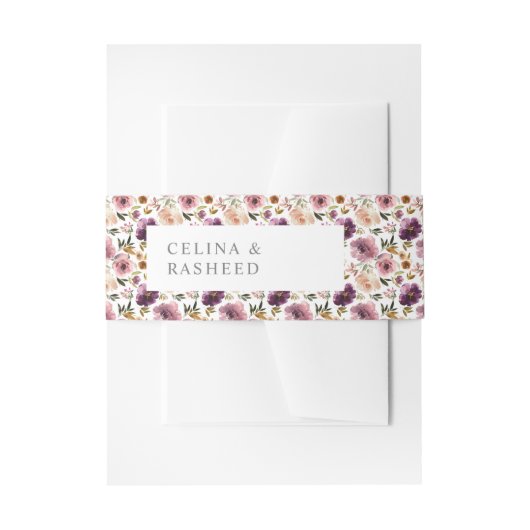 パープル&赤面ピンクフローラ招待状用帯 招待状ベリーバンド (正面例)