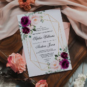 パープル&赤面ピンクローズフローラ結婚式招待状 招待状