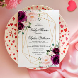 パープル&赤面ピンクローズベビーシャワー招待状 招待状