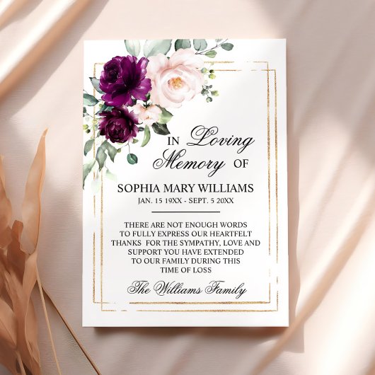 パープル&赤面ピンクローズ悔やみや弔慰メモリ サンキューカード