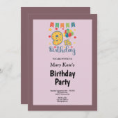 パープル/赤面フレーム9th誕生日パーティーへの招待 招待状 (正面/裏面)