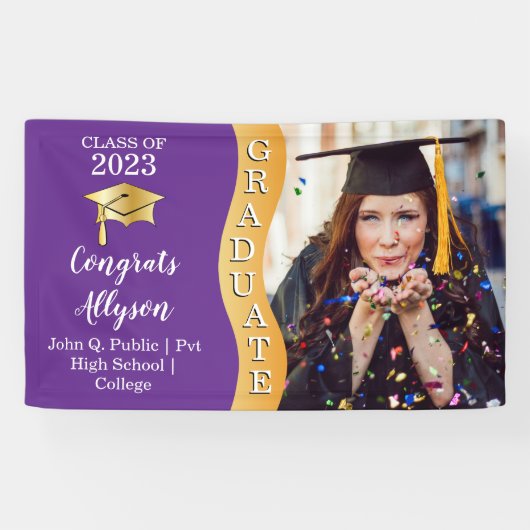 パープル |金ゴールドおめでとう大学院Wave写真 横断幕 (横)