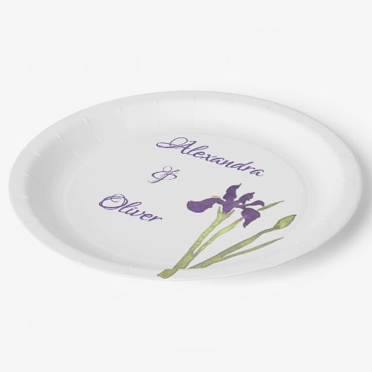 パープル&金ゴールドアイリスウォーター結婚カラー ペーパープレート (アングル)