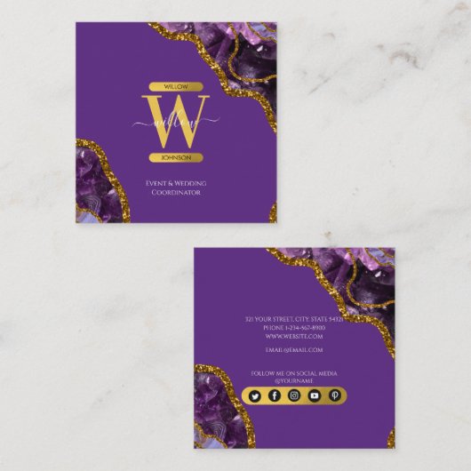 パープル&金ゴールドアゲートゲードグリッターモノグラムマーブル スクエア名刺 (正面/裏面)