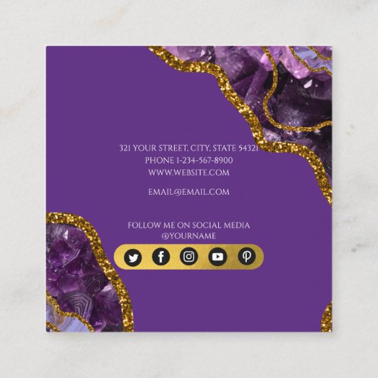 パープル&金ゴールドアゲートゲードグリッターモノグラムマーブル スクエア名刺 (裏面)