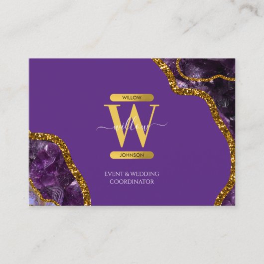 パープル&金ゴールドアゲートゲードグリッターモノグラムマーブル 名刺 (正面)
