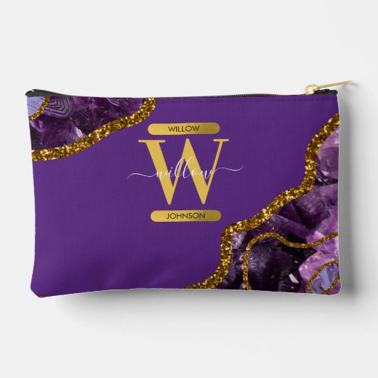 パープル&金ゴールドアゲートゲードグリッターモノグラム アクセサリーポーチ (裏面)