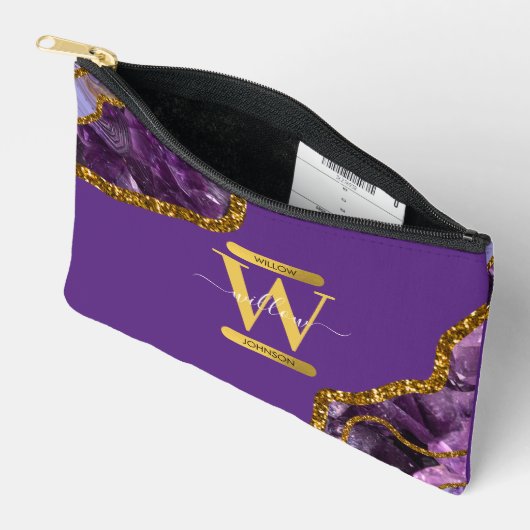 パープル&金ゴールドアゲートゲードグリッターモノグラム アクセサリーポーチ (見開き)