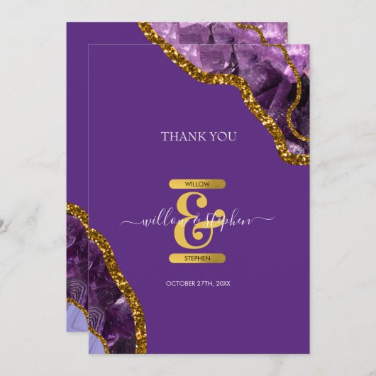 パープル&金ゴールドアゲートゲードグリッター結婚ズ サンキューカード (正面/裏面)