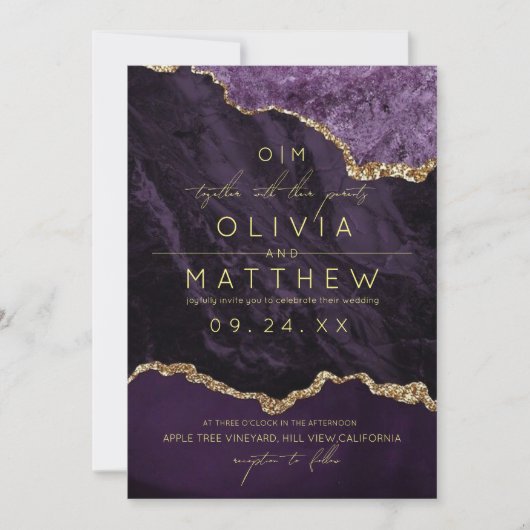 パープル&金ゴールドアゲート結婚式招待状 招待状 (正面)