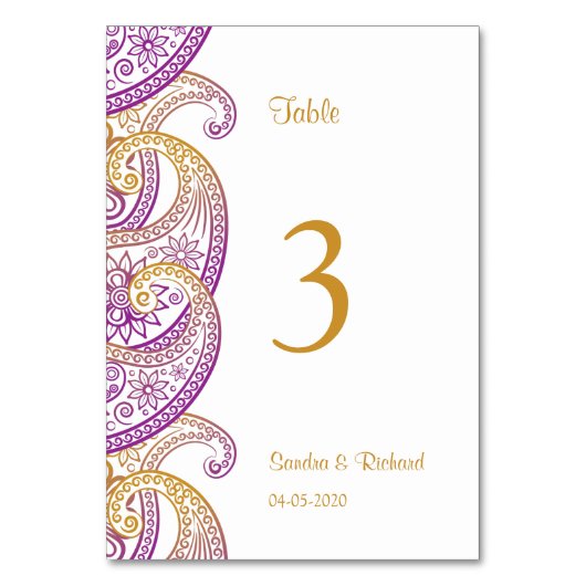 パープル&金ゴールドインディアン結婚ペイズリー テーブルナンバー (正面)