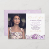 パープル&金ゴールドエレガントフローラフォトキンセアニラ サンキューカード (正面/裏面)