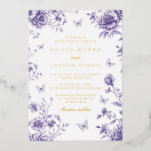 パープル&金ゴールドエンチャントフローラヴィンテージウェディング 箔招待状 (正面)