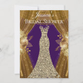 パープル&金ゴールドカーテンドレスブライダルシャワー招待状 招待状 (正面)