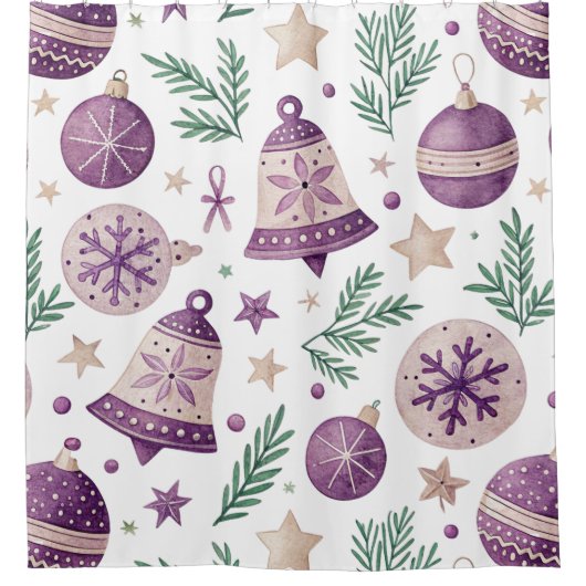 パープル&金ゴールドクリスマスオーナメントシャワーカーテン –  シャワーカーテン (正面)