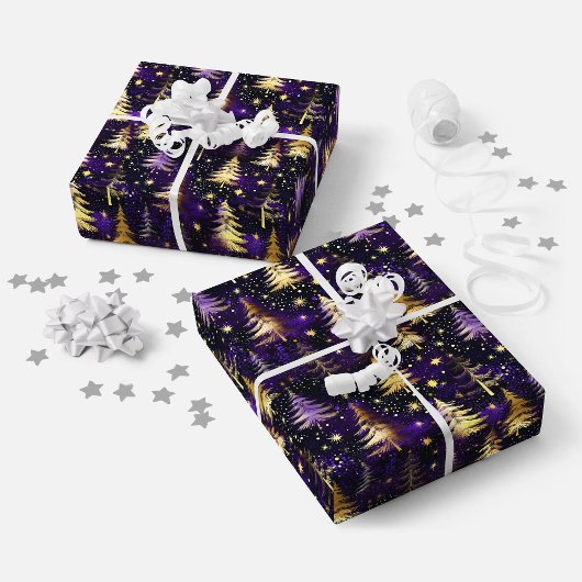 パープル&金ゴールドクリスマスツリースノーフォールラグジュアリークリスマス ラッピングペーパー