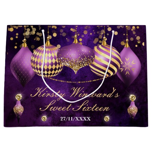 パープル&金ゴールドクリスマスボーブルスイート16 ラージペーパーバッグ (正面)