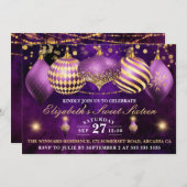 パープル&金ゴールドクリスマスボーブルスイート16 招待状 (正面/裏面)