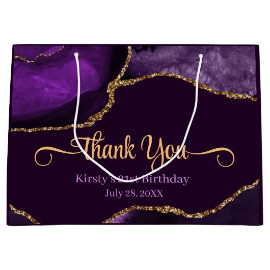パープル&金ゴールドグリッターアゲート誕生日サンキュー ラージペーパーバッグ (正面)