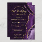 パープル&金ゴールドグリッターアゲート&マーブル誕生日 招待状 (正面/裏面)