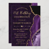 パープル&金ゴールドグリッターアゲート&マーブル誕生日 招待状 (正面/裏面)