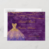 パープル&金ゴールドグリッターエレガントブライダルシャワー インビテーションポストカード (正面/裏面)