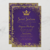 パープル&金ゴールドグリッタークラウンスウィート16パーティー 招待状 (正面/裏面)
