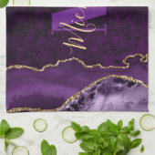 パープル&金ゴールドグリッターマーブルアゲートモノグラム キッチンタオル (折り畳み)