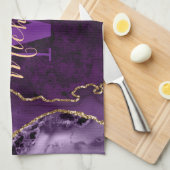 パープル&金ゴールドグリッターマーブルアゲートモノグラム キッチンタオル (四つ折り)