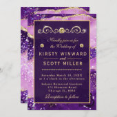 パープル&金ゴールドグリッターマーブルアゲ結婚ートズ 招待状 (正面/裏面)