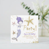 パープル&金ゴールドグリッターマーメイドバースデーパーティー 招待状 (スタンド正面)