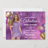 パープル&金ゴールドスウィート16ガール誕生日招待状 招待状 (正面)
