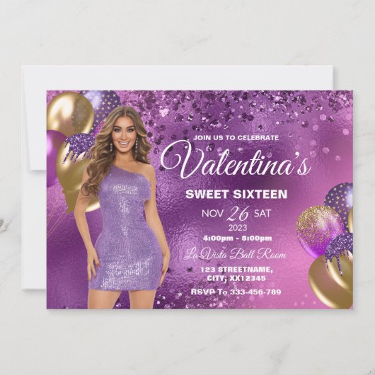パープル&金ゴールドスウィート16ガール誕生日招待状 招待状 (正面)