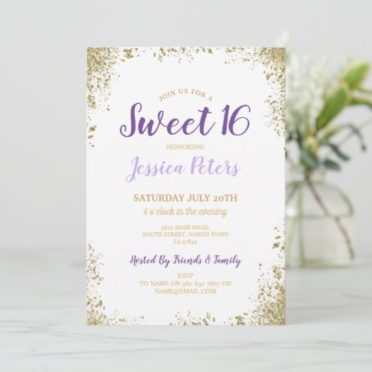 パープル&金ゴールドスウィート16パーティーエレガント誕生日 招待状 (スタンド正面)