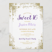 パープル&金ゴールドスウィート16パーティーエレガント誕生日 招待状 (正面/裏面)