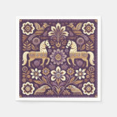 パープル&金ゴールドスカンジナビアフォークアートデクページ スタンダードカクテルナプキン (正面)