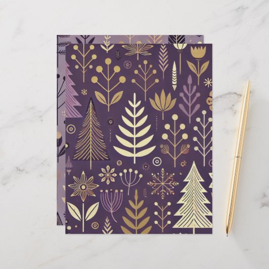 パープル&金ゴールドスカンジナビア自然スクラップブック (正面/裏面インサイチュ)