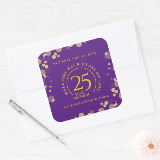 パープル&金ゴールドスクールカレッジ懇親会 スクエアシール (封筒)