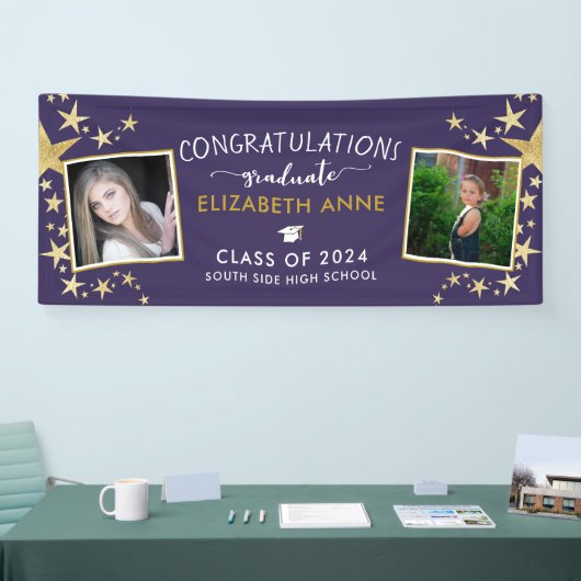 パープル&金ゴールドスターズ写真おめでとう卒業生 横断幕 (トレードショー)