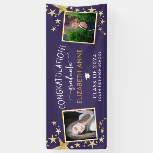 パープル&金ゴールドスターズ写真おめでとう卒業生 横断幕 (縦)